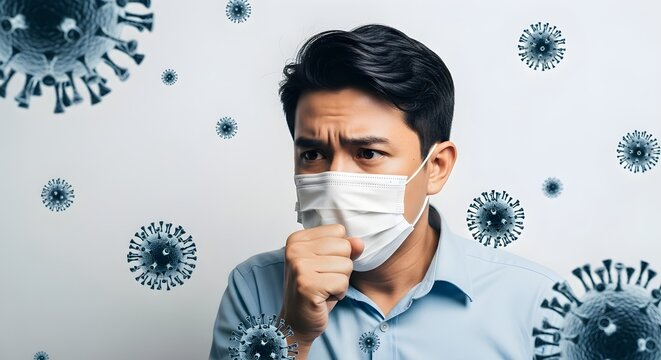 Man wearing face mask coughing, surrounded by virus particles, concept of illness