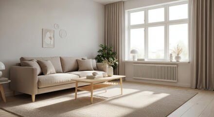 Cozy minimalist living room with beige sofa and natural sunlight