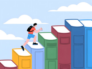 A student climbs a staircase made of large colorful books