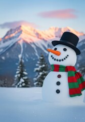 Fototapeta premium Cheerful snowman in a snowy landscape with mountains in winter