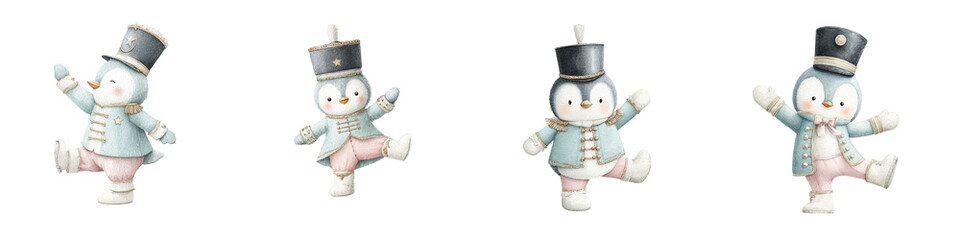 A charming collection of four whimsical penguin figurines adorned in stylish outfits, each striking a playful pose.