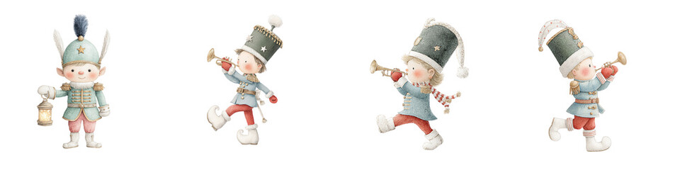 A collection of whimsical, festive characters dressed in colorful uniforms, playing instruments and holding a lantern.