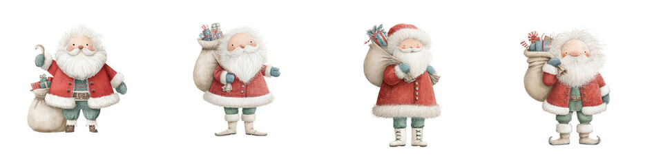 Four playful Santa Claus figures, each carrying a bag of gifts and showcasing festive attire and joyful expressions.