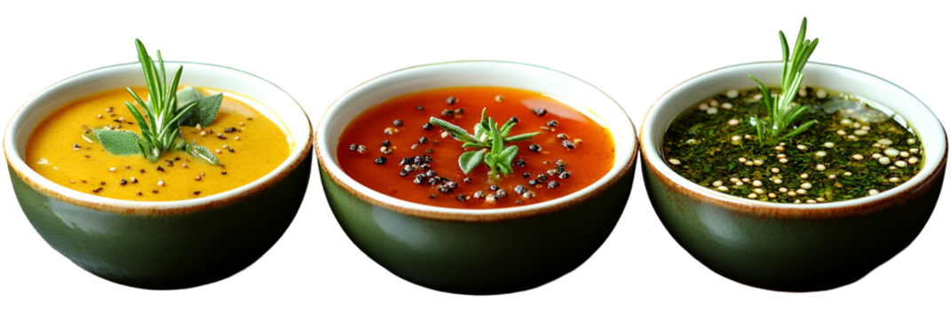 Colorful soup bowls displayed against transparent background