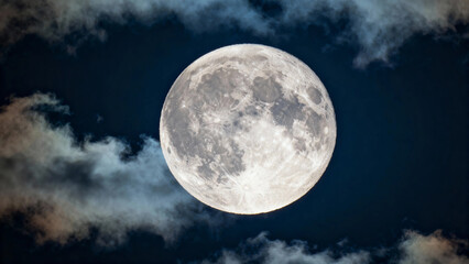 Full moon glowing brightly against a dark sky with scattered clouds