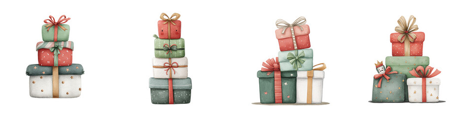 A collection of intricately wrapped gift boxes stacked in various sizes, adorned with ribbons and decorative elements.
