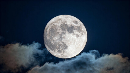 Fototapeta premium Full moon glowing brightly in the night sky above scattered clouds