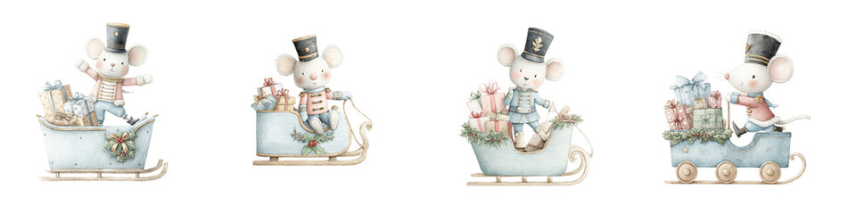 Four whimsical mice in festive attire ride on different sleighs, each carrying colorful gifts, showcasing a charming holiday spirit.