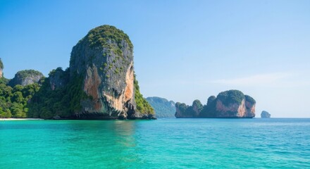 Majestic tropical landscape towering green-topped rocks, vibrant turquoise ocean, white beach