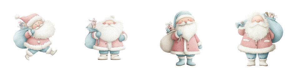 A whimsical illustration of four Santa Claus figures in various playful poses, each wearing a pink and blue outfit with distinctive hats and carrying bags.