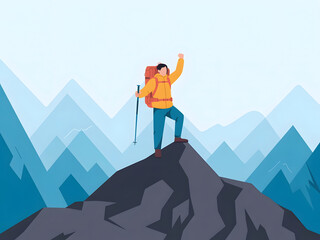 A triumphant hiker celebrates reaching a mountain peak in a scenic landscape