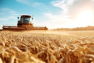 Obraz premium Golden wheat fields stretch under a bright sky, a combine harvester blurring in the background, signifying the peak of harvest season and the bounty of the land.