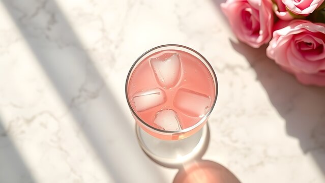 Pink beverage in crystal glass on marble surface with elegant summer vibe.