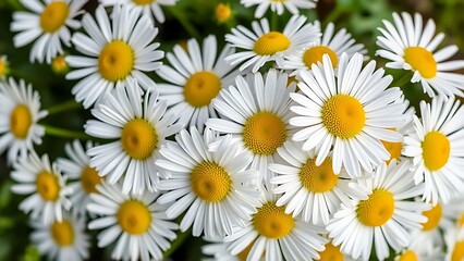 Fototapeta premium Cluster of fresh daisies with white petals and yellow centers in soft directional light.