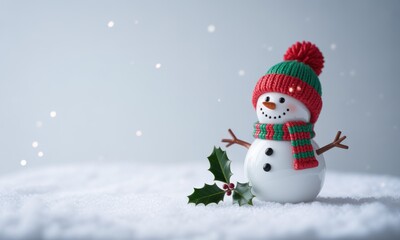 Fototapeta premium Miniature snowman wearing a festive hat and scarf stands in snow with holly sprig