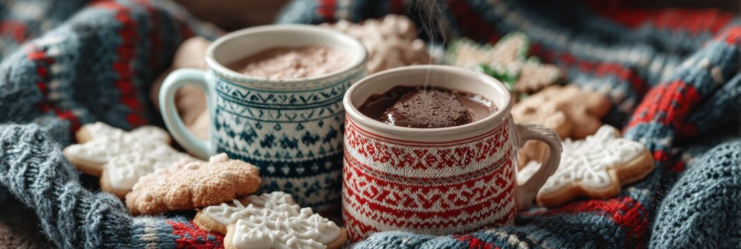 Two colorful mugs of steaming hot cocoa sit surrounded by homemade cookies on a cozy knitted blanket, creating a warm winter scene perfect for the holidays.