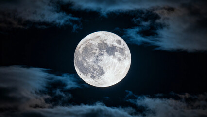 Naklejka premium Full moon glowing brightly in a dark sky with scattered clouds