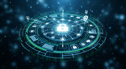 Cybersecurity and digital data protection concept with padlock and circuit board