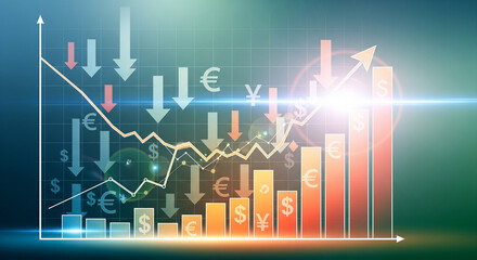 Financial graph showing growth and decline with currency symbols and arrows