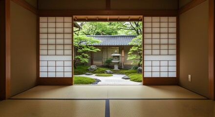 Find serenity in a traditional Japanese room overlooking a meticulously designed Zen garden, evoking peace and tranquility for mindful living spaces