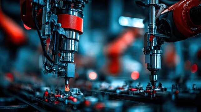 Robotic arms collaborate on a production line, performing precise tasks in a modern, well-lit manufacturing setting with advanced equipment.