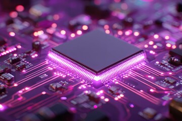 Fototapeta premium Close-up of a glowing purple circuit board with central processor