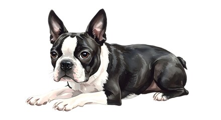 Fototapeta premium Adorable Boston Terrier Portrait with Expressive Eyes and Relaxed Pose Perfect for Pet Lovers and Veterinary Clinics Seeking Engaging Visuals