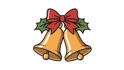 Golden christmas bells with red bow and holly leaves