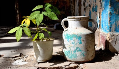 Obraz premium A potted plant and old jug stand in sunlit ruins with peeling paint.