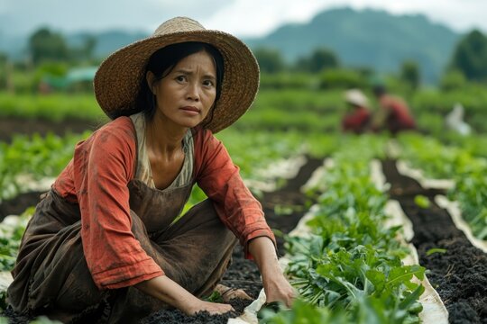 Woman working in a vegetable field while wearing a straw hat on a sunny day in rural farmland - Powered by Adobe