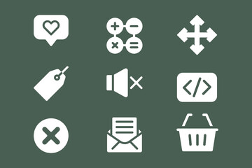 A collection of nine white user interface icons including like, calculator, move, price tag, mute, code, close, mail, and shopping cart on a dark green background.