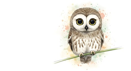 Adorable watercolor owl perched on branch with big yellow eyes, a charming illustration perfect for children's books and educational materials