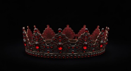 Ornate dark metal crown adorned with numerous sparkling red jewels on a black background