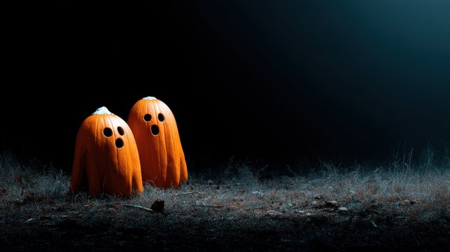 Spooky Halloween pumpkins carved into ghost-like figures on dark background