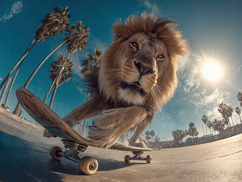 A digitally manipulated image of a skateboarding lion against an urban park backdrop The lion, with brown and beige fur, rides a blue skateboard on asphalt Sunny atmosphere with scatt - AI-Generated - Powered by Adobe