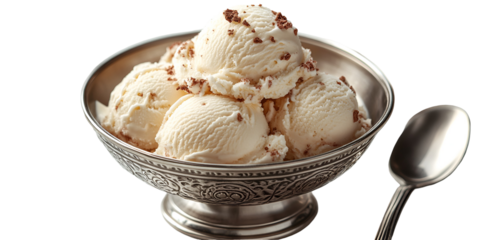 Creamy vanilla ice cream in bowl with spoon close up dessert dish