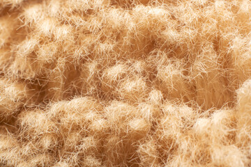 Macro close-up of soft beige fabric fibers, fluffy texture with fibres and nap in warm lighting