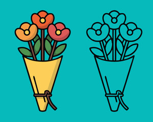 Flower Bouquet Icon Illustration - Gift of Flowers Line Art and Flat Design