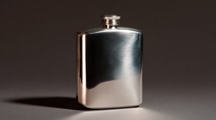 Close-up of a stainless steel flask. the flask is cylindrical in shape with a flat top and a spout on the side. it appears to be empty and is placed on a dark grey surface.