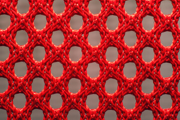 Macro closeup of red synthetic woven fabric mesh with braided threads and geometric grid pattern