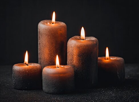 Eerie ambiance with burning candles casting soft glows against a dark background, perfect for after-hours events and creating a mysterious atmosphere, ideal for somber reflections
