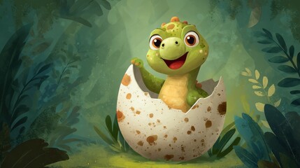 Obraz premium Adorable baby dinosaur hatching from a speckled egg amid lush foliage