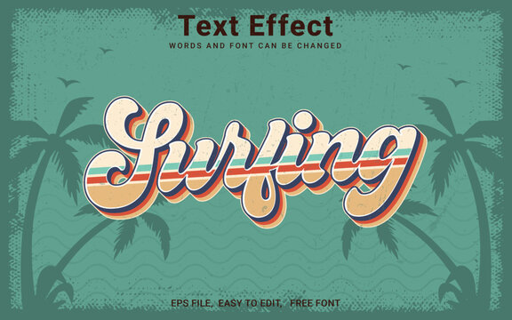 Surfing text effect, Editable vintage retro text effect in Illustrator