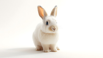 Fototapeta premium Adorable white rabbit sitting on plain background, cute fluffy bunny with soft fur, minimalistic pet photography in high resolution perfect for Easter or animal themes