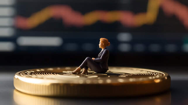A miniature businesswoman sits atop a golden coin, observing fluctuating financial charts. A metaphor for navigating market trends and economic analysis.