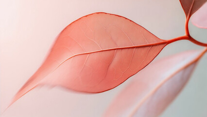 柔らかな光に透けるコーラルピンクの葉（マクロ） - 繊細な葉脈、ボタニカル、癒やし、幻想的なクローズアップ