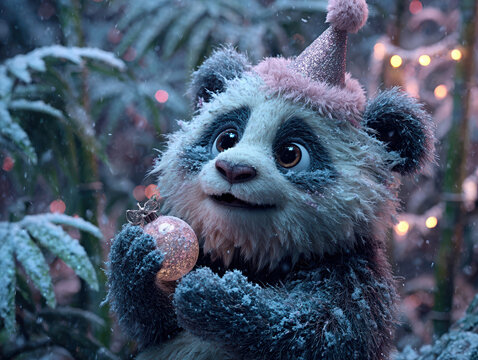 A digitally rendered holiday card featuring a central, festively dressed panda amidst a wintery scene with snow-covered trees and bright lights The panda holds a shiny silver ornament - AI-Generated