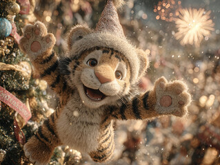 Obraz premium Cheetah character in party attire, positioned centrally in a festive Christmas setting Gold fur contrasts with vibrant decorations Soft lighting bathes the scene, featuring multiple d - AI-Generated