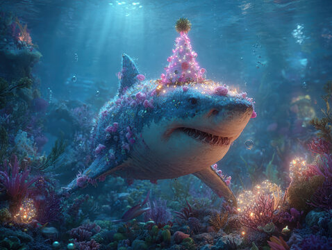 Vibrant underwater holiday card, featuring a large ornamented shark in central position Rich marine life and colorful corals populate the ocean floor with a subtle glow emanating from - AI-Generated
