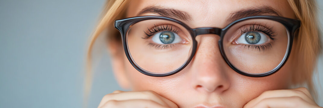 Close-up of a woman's face with black framed glasses highlighting her striking eyes. Simple background, focusing on the details of the face & the unique eye color.